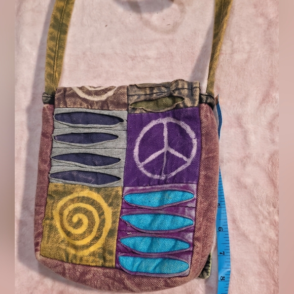 Boho Patchwork Crossbody Bag Peace Sign & Spiral Hippie Festival Purse 8x7” - Picture 5 of 8